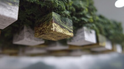 Naklejka premium Cubes covered in moss and trees suspended from a ceiling forest nature
