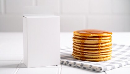 Delicious pancake stack with syrup, served on a checkered towel next to a blank white product box, perfect for breakfast or brunch concepts.