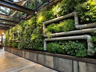 Indoor garden wall, plants, pipes, urban interior, restaurant background