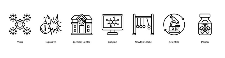 Virus, Risk and Toxicology web banner icon vector illustration featuring Virus, Explosive, Medical Center, Enzyme, Newton Cradle, Scientific, and Poison.