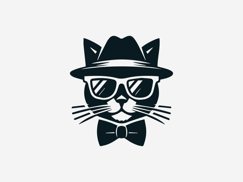 Sophisticated gentleman cat wearing a top hat and monocle vector logo illustration