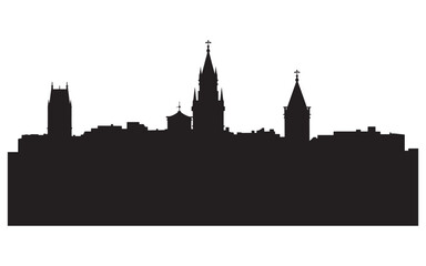 Fototapeta premium Dramatic Silhouette of a City Skyline at Night Featuring Prominent Church Spires and Varied Building Heights for an Urban Feel