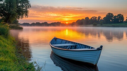 Obraz premium Peaceful sunrise over tranquil lake with small boat