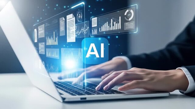 Businessperson types on a laptop keyboard Glowing artificial intelligence symbols hover above Technology enhances work showcasing digital progress connecting humans and machines