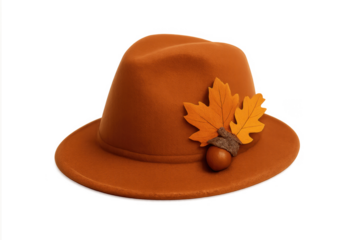Orange hat with autumn decoration showing fall season fashion on transparent background