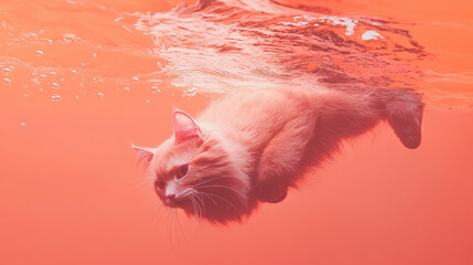 high-resolution reference visuals or examples of a furry cat either fully or partially submerged in clear pink water, viewed from below or with the cat below the surface. 