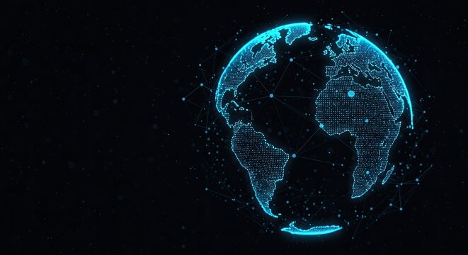 Digital Earth Globe with Connected Dots, Futuristic Network, Dark Background.