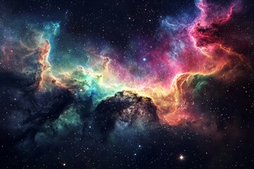 Fototapeta premium Colorful glowing nebula with swirling stars and cosmic clouds in deep space, evoking mystery and beauty of the universe