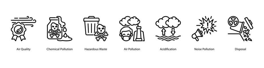 Chemical Pollution web banner icon vector illustration featuring Air Quality, Chemical Pollution, Hazardous Waste, Air Pollution, Acidification, Noise Pollution, and Disposal.
