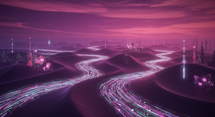 Digital River of Light Winding Through a Surreal Magenta Desert Under a Starry Sky
