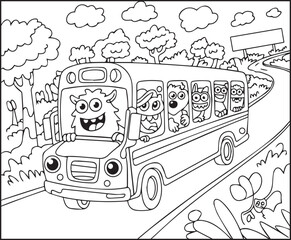 Cute monsters enjoying with riding in a bus black line art vector illustration coloring page for kids