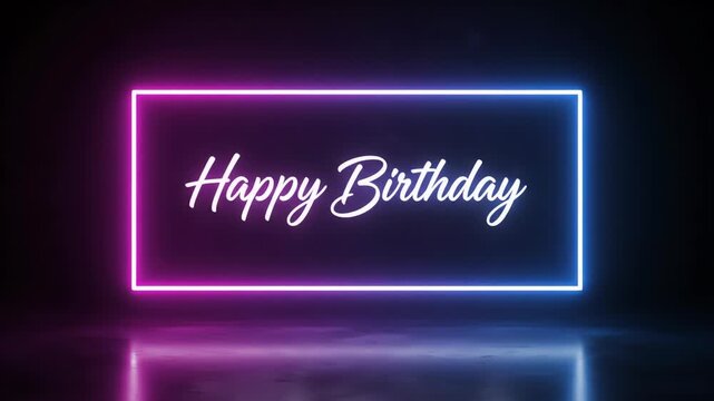 Neon sign with "Happy Birthday" in white script, glowing pink and blue gradient, reflects on a glossy black surface against a dark backdrop. Celebratory, vibrant design.