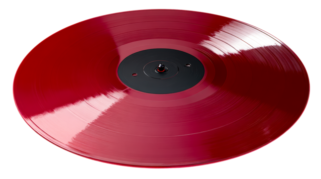 Red vinyl record with black center on white