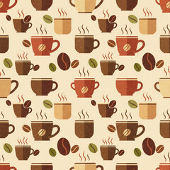 Obraz premium Coffee beans and mugs pattern, vintage flat design, seamless repeat