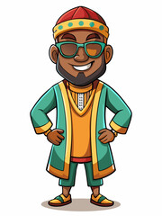colorful illustration of a cartoon african man mascot with traditional clothing, isolated on white background