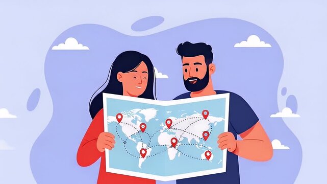 Couple planning a trip, examining a detailed world map with location pins, flat vector illustration, pastel color palette, against a light purple background.