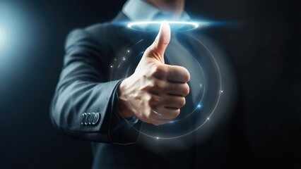 Businessman giving a thumbs up with a digital interface