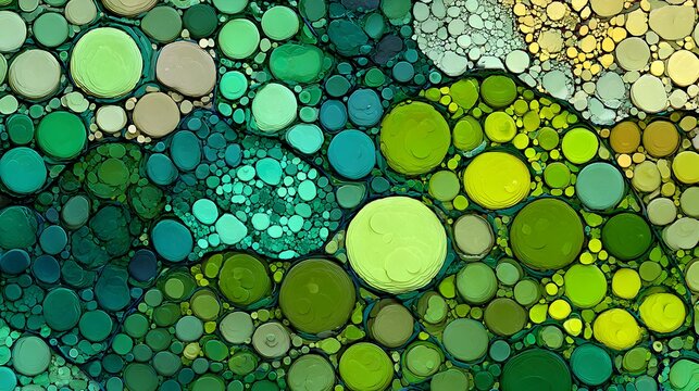 Vibrant abstract cellular pattern with overlapping green and yellow circular shapes resembling organic bubbles, ideal for scientific, artistic, and nature-inspired design projects. 
