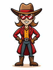 colorful illustration of a cartoon cowgirl mascot with traditional clothing, isolated on white background