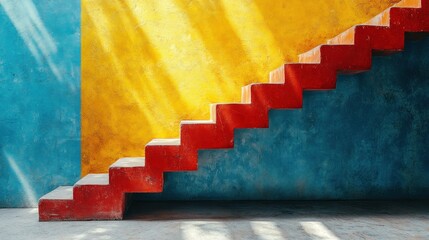 Red steps ascend against vibrant yellow and blue walls, sunlit