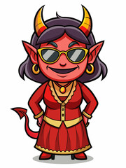 colorful illustration of a cartoon devil woman mascot, isolated on white background