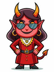 colorful illustration of a cartoon devil woman mascot, isolated on white background