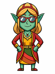 colorful illustration of a cartoon elf woman mascot, isolated on white background