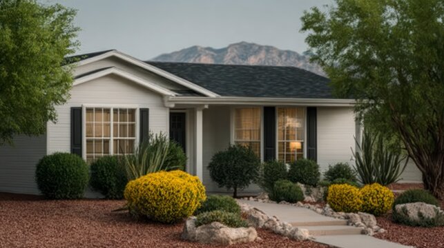 A modest white suburban house with green landscaping and mountains in the background