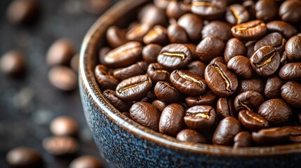 Roasted coffee beans in dark bowl
