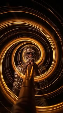 Elderly musician playing didgeridoo in swirling lights