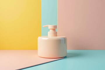 Pastel-colored dispenser bottle against a vibrant color background.