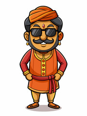 colorful illustration of a cartoon indian man mascot with traditional clothing, isolated on white background