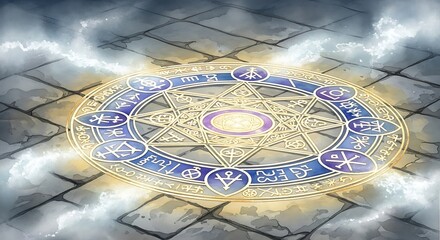 Mysterious glowing magic circle with arcane symbols and ethereal energy on ancient stone floor, summoning power and ancient rituals for fantasy, occult, and gaming themes