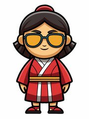 colorful illustration of a cartoon japanese woman mascot with traditional clothing, isolated on white background