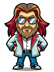 colorful illustration of a long haired man mascot, isolated on white background