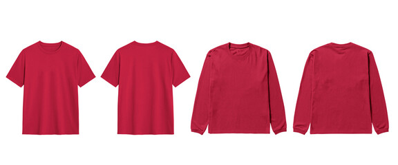Mockup showcase your designs flawlessly on these four red shirt apparel templates.