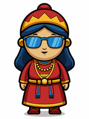 colorful illustration of a mongolian woman mascot with traditional clothing, isolated on white background