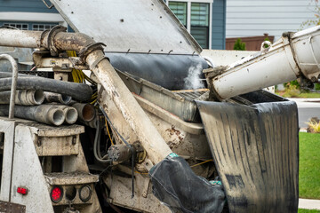 Cement mixer truck and cement pumper truck set up to feed fresh cement to boom arm to pump fresh concrete in new housing development house construction project
