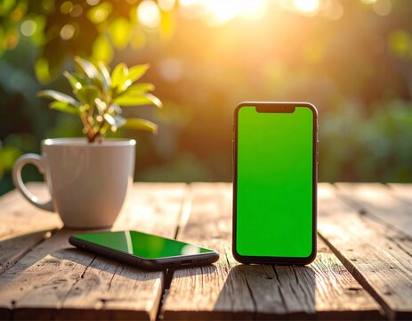 smartphone with a blank green screen lying on an old wooden table