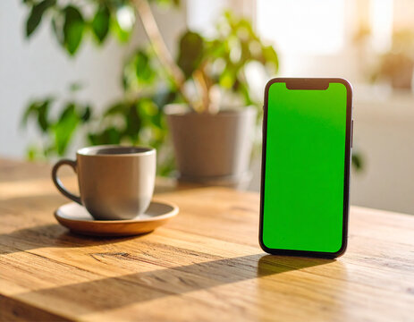 smartphone with a blank green screen lying on an old wooden table