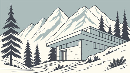 Mountain modern home design illustration with snowy peaks and pine trees for real estate marketing use