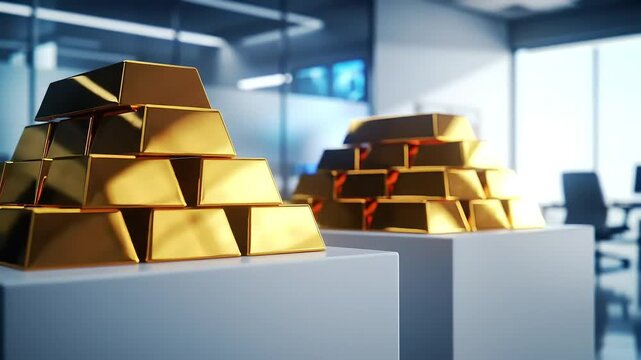 Gold bars stacked in pyramids on white pedestals.