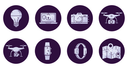Fototapeta premium Illustration showing various smart devices including a bulb, laptop, camera, drone, watches and map icons