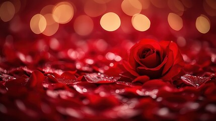 Single red rose on a bed of red rose petals
