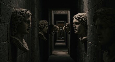 Naklejka premium Dramatic Low-Key Lighting on Ancient Stone Busts in a Dark, Mysterious Museum Corridor, Evoking Timeless History.