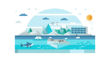 Explore arctic landscape with shark, icebergs, and research station for travel and nature enthusiasts today