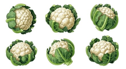 Collection of fresh cauliflower heads with leafy greens, showcasing various angles and textures