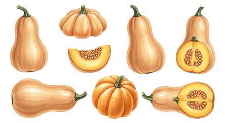 A collection of various butternut squash and pumpkin illustrations showcasing different angles and cuts