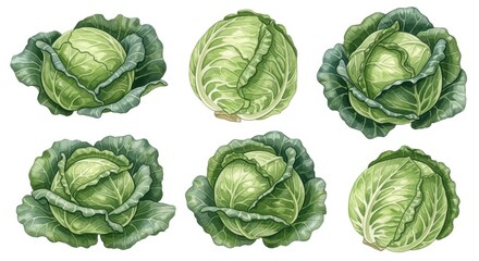 Detailed illustration of fresh green cabbages arranged artistically on a white background