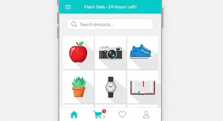 Smartphone displaying a mobile app interface with various product icons, flash sale banner on top concept for e-commerce promotion shopping deals and online store ads